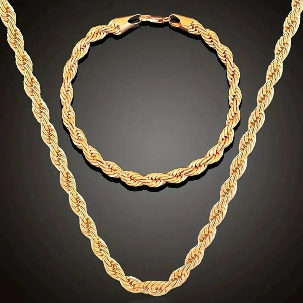Mens Golden Two-piece Necklace and Bracelet Set
